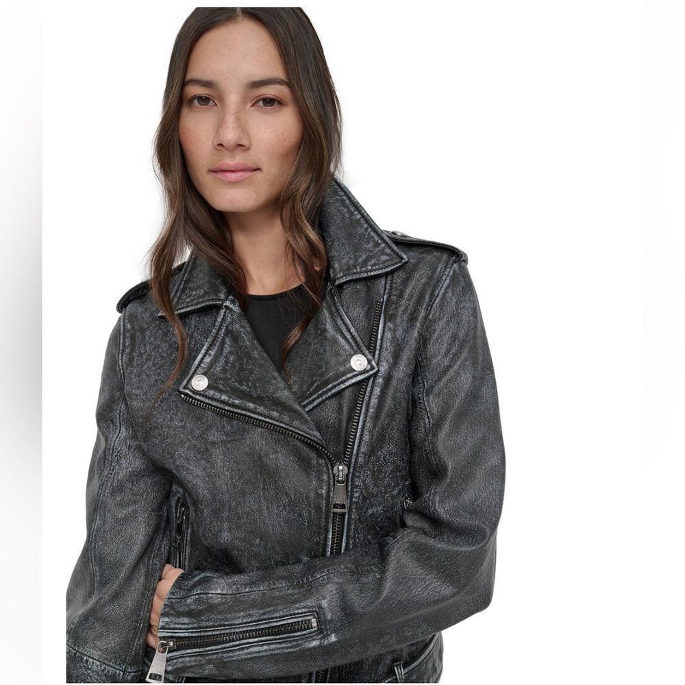 DKNY Jeans Charcoal Leather Moto Jacket - Picture 3 of 16